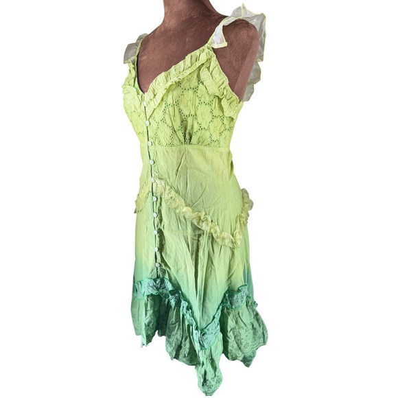 Chaudry Ombre Ruffle Lace Mini Dress Women S Green Fairycore Boho Deadstock NWT - Picture 2 of 16